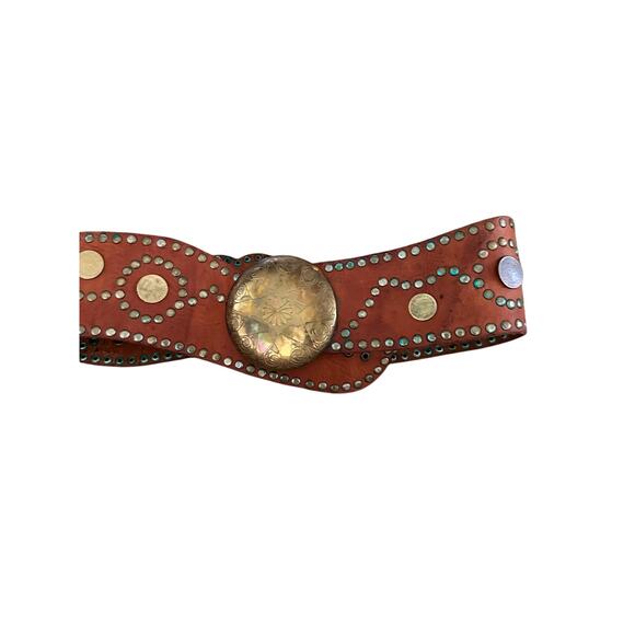 Vintage Women's Brown Moroccan Gypsy Style Studded Brass Leather Belt - Picture 3 of 8